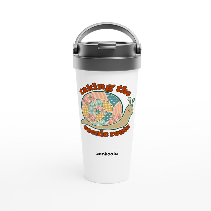 Taking the Scenic Route Snail feel-good travel mug: a faux patchwork snail, Zen Koala Australia