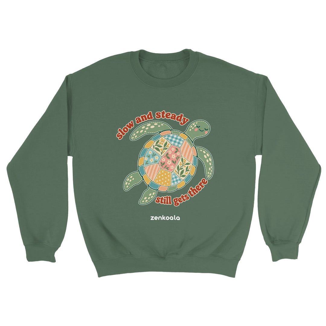 Slow and Steady Turtle feel-good sweatshirt in military green, Zen Koala Australia