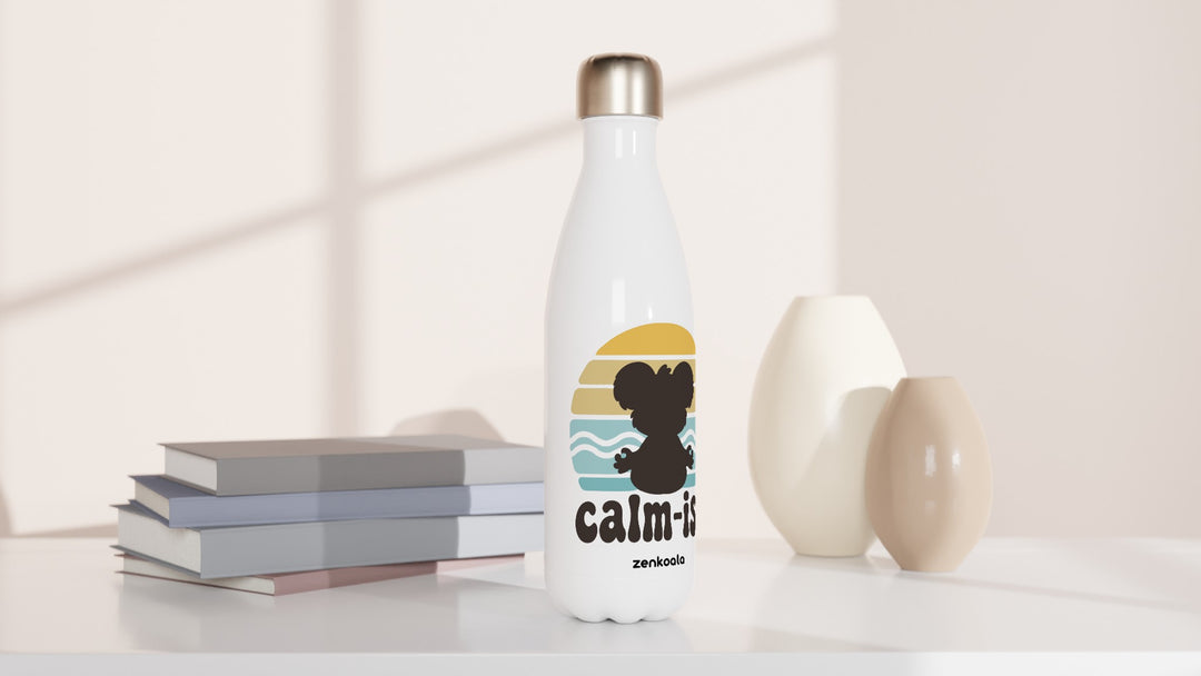 Calm-ish Retro Sunset Koala water bottle beside books and vases, Zen Koala Australia