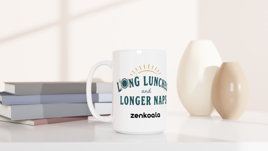 Long Lunches and Longer Naps 15oz mug beside books and vases, Zen Koala Australia