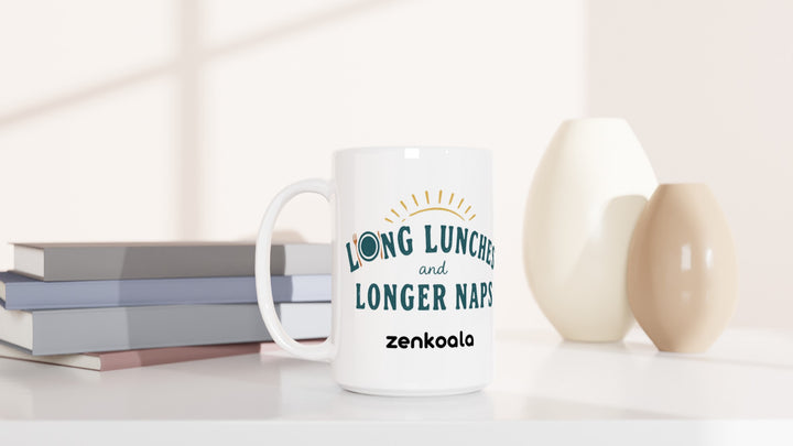 Long Lunches and Longer Naps 15oz mug beside books and vases, Zen Koala Australia