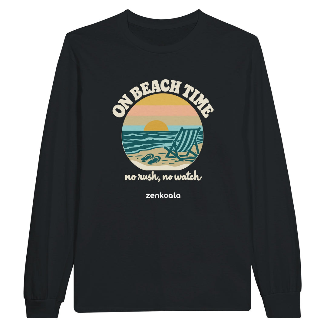 On Beach Time feel-good long sleeve tee in black, Zen Koala Australia