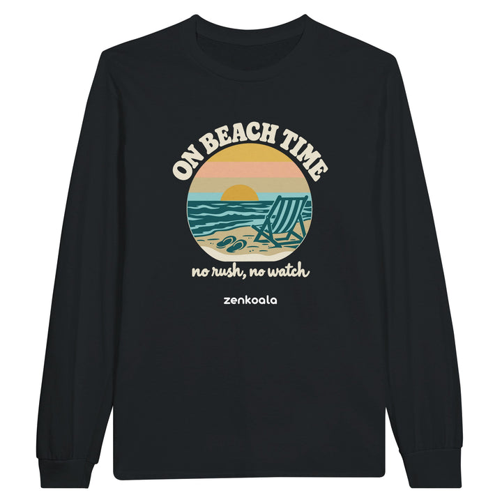 On Beach Time feel-good long sleeve tee in black, Zen Koala Australia
