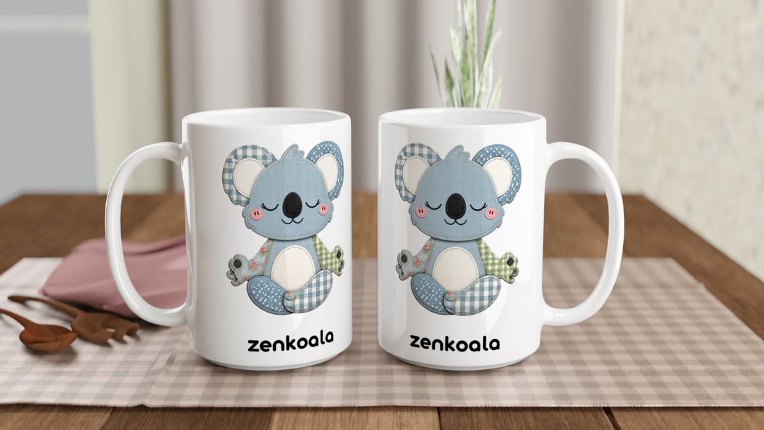 Two Faux Patchwork Meditating Koala 15oz mugs on a table, showing both sides of the design, Zen Koala Australia