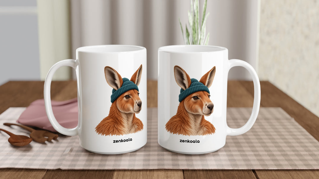 Two Kangaroo Beanie 15oz mugs on a table, showing both sides of the design, Zen Koala Australia