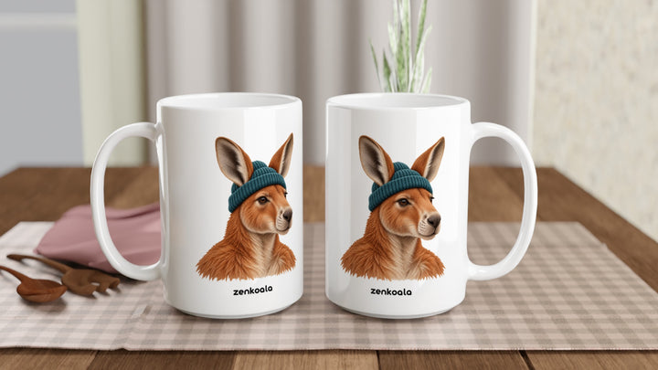 Two Kangaroo Beanie 15oz mugs on a table, showing both sides of the design, Zen Koala Australia