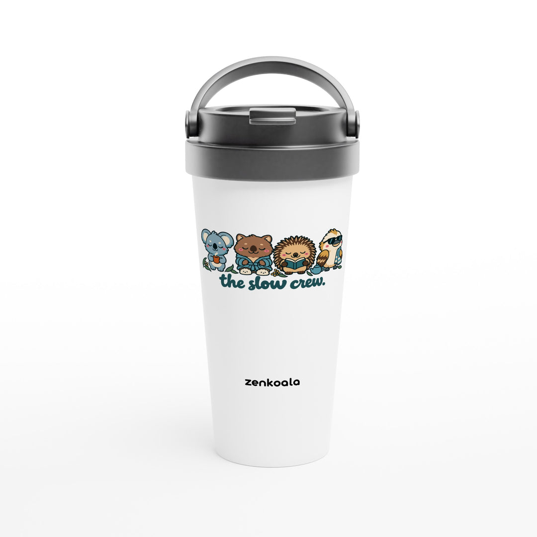 The Slow Crew feel-good travel mug: four Aussie animals in a row, Zen Koala Australia