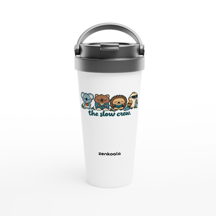 The Slow Crew feel-good travel mug: four Aussie animals in a row, Zen Koala Australia