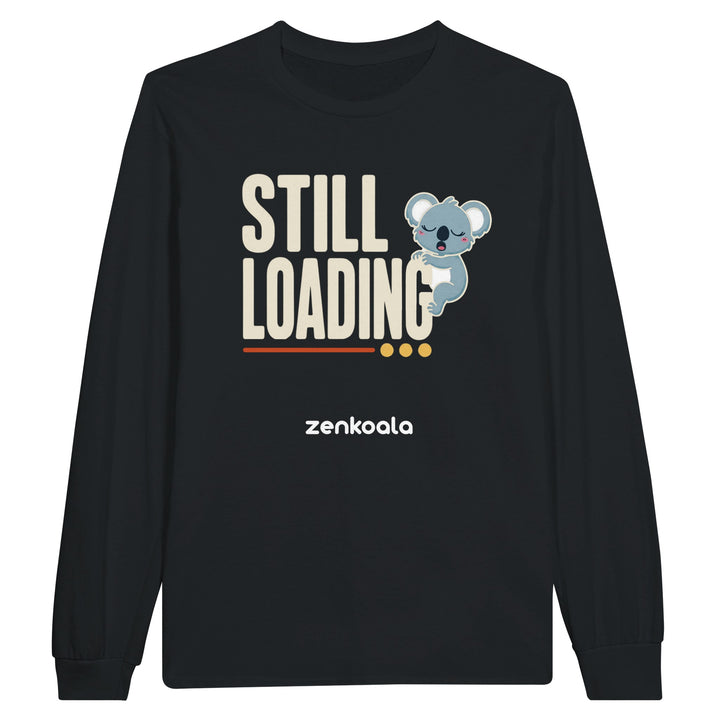Still Loading long sleeve tee in black — a sleepy yawning koala hanging off bold retro letters, Zen Koala Australia