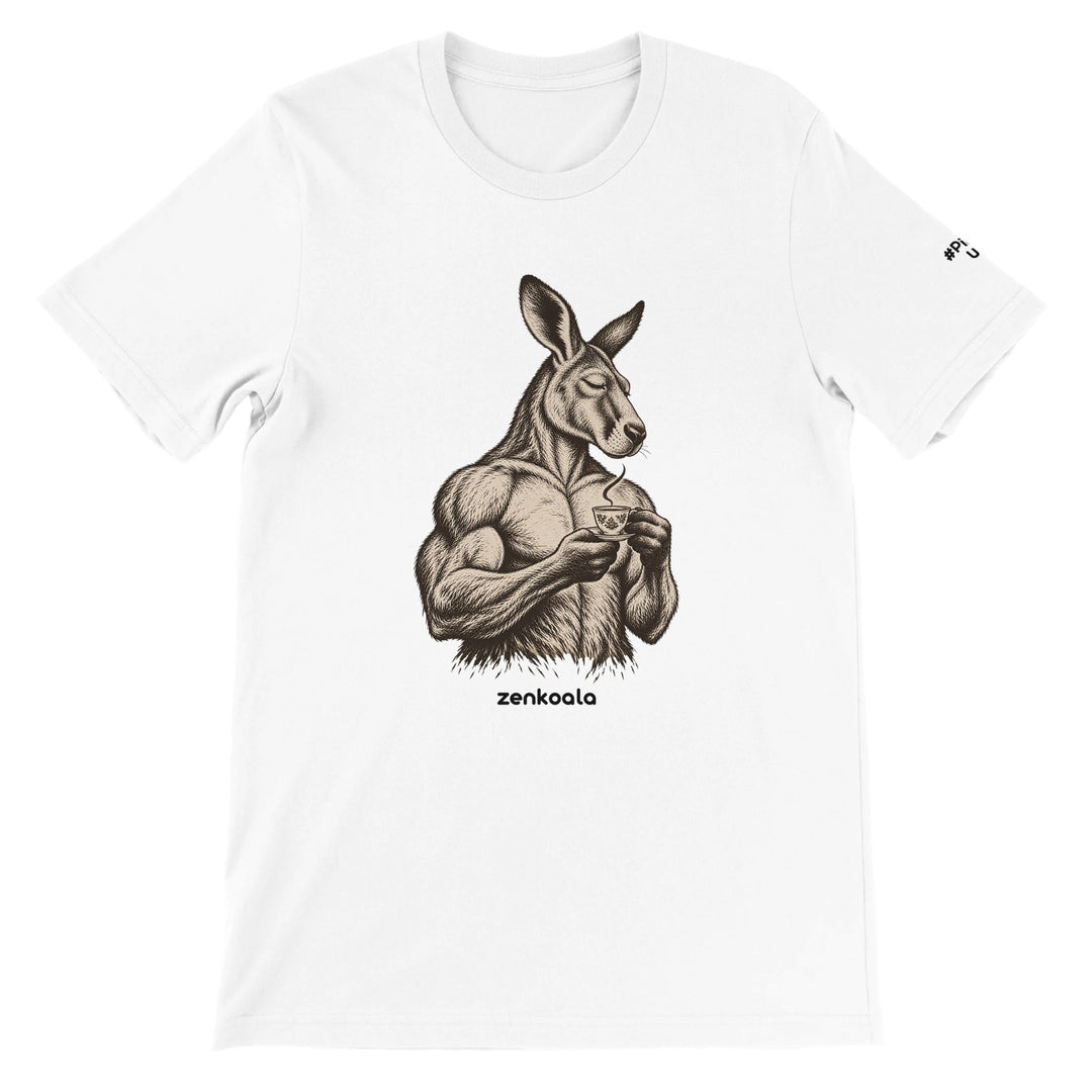 Buff Roo Teacup feel-good tee in white: a muscly kangaroo sipping tea, Zen Koala Australia