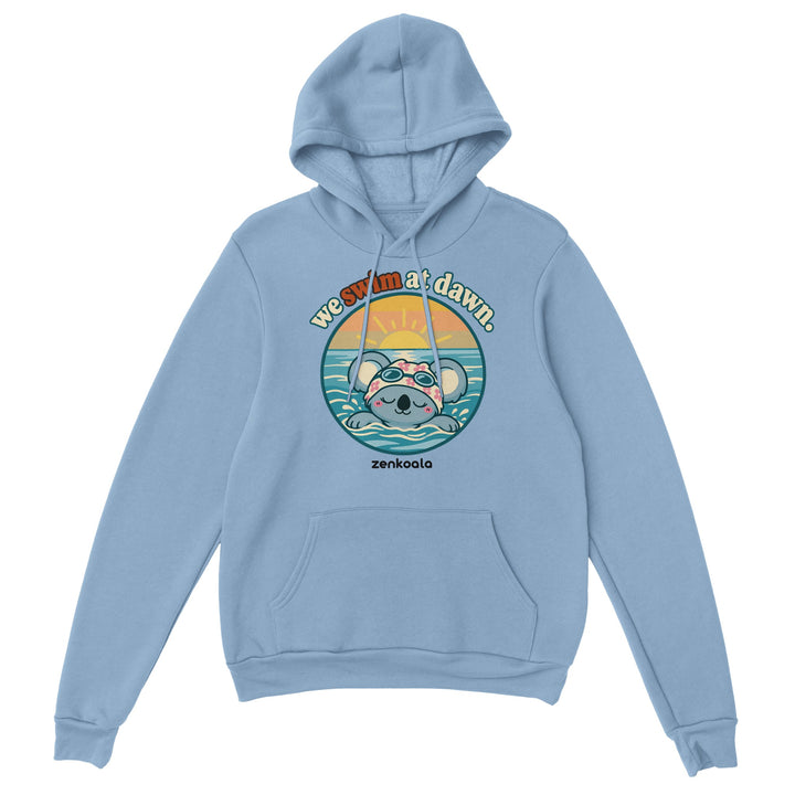 We Swim at Dawn feel-good hoodie in light blue, Zen Koala Australia