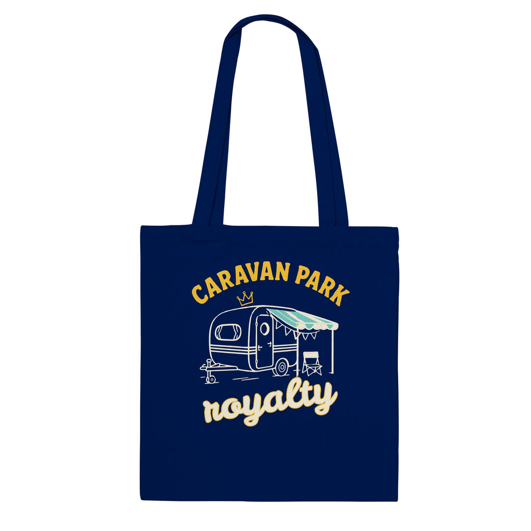 Caravan Park Royalty feel-good tote bag in navy: a retro caravan with bunting and a camp chair, Zen Koala Australia