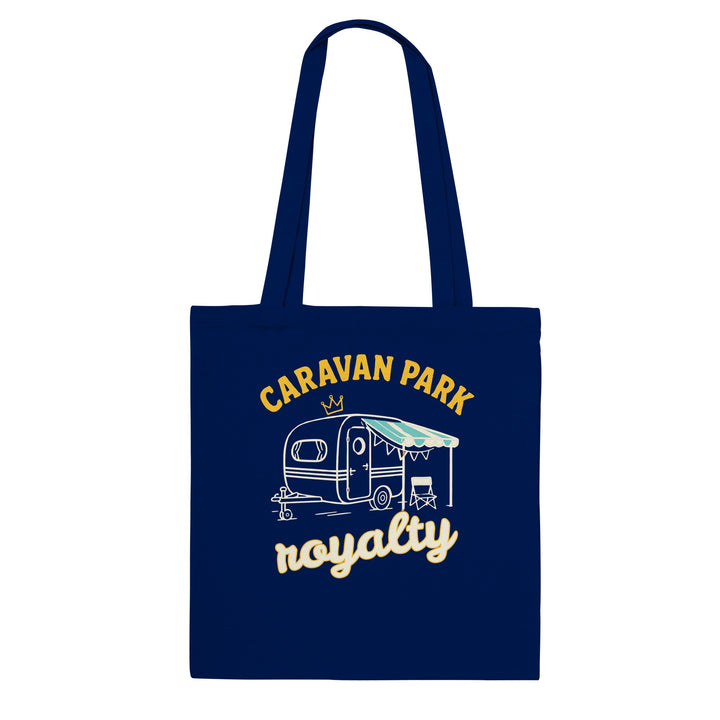 Caravan Park Royalty feel-good tote bag in navy: a retro caravan with bunting and a camp chair, Zen Koala Australia