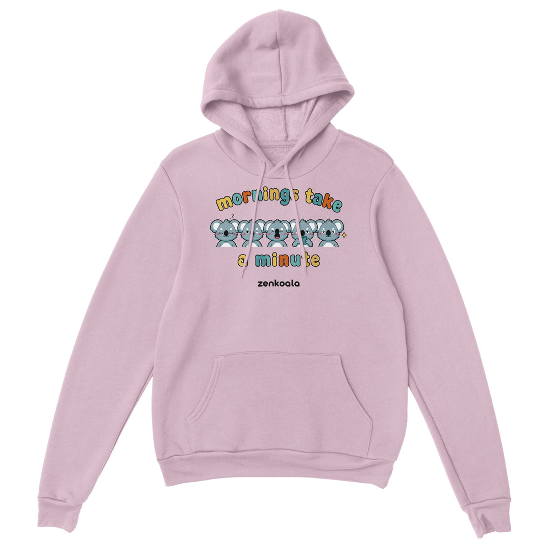 Mornings Take a Minute feel-good hoodie in light pink: five koalas waking up in stages, Zen Koala Australia