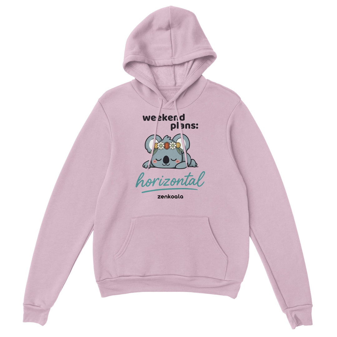 Weekend Plans Horizontal Koala feel-good hoodie in light pink, Zen Koala Australia