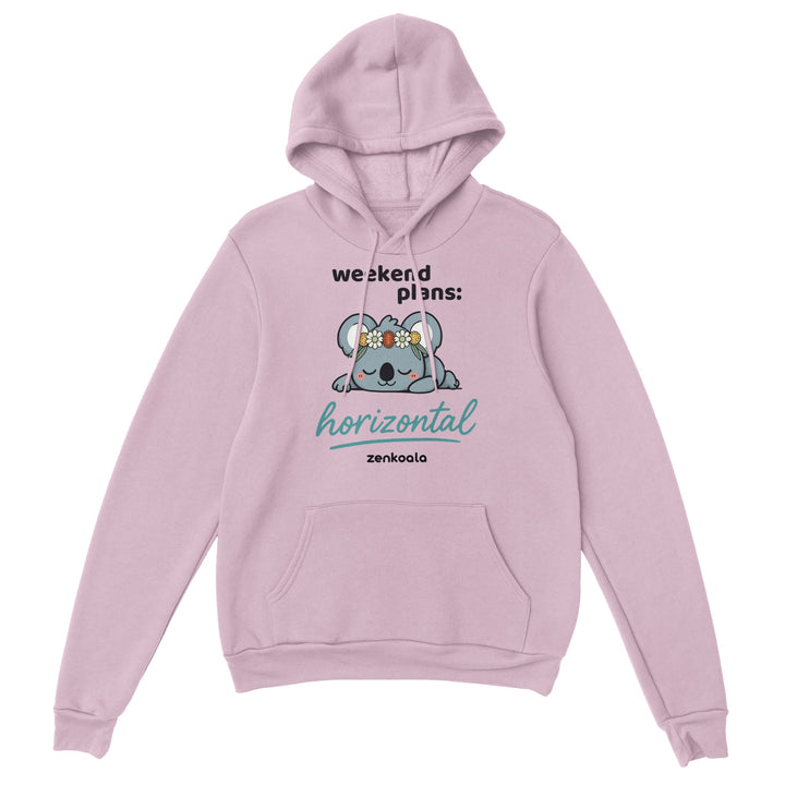 Weekend Plans Horizontal Koala feel-good hoodie in light pink, Zen Koala Australia