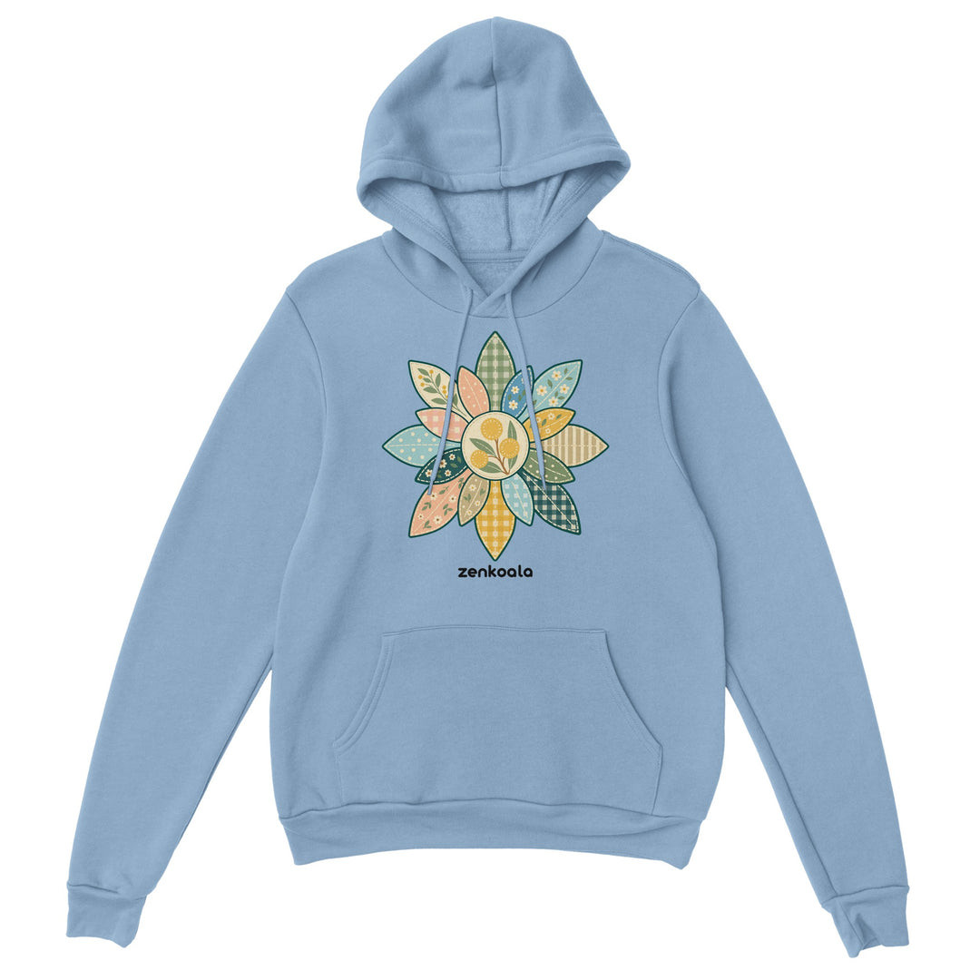 Wattle Mandala feel-good hoodie in light blue, Zen Koala Australia