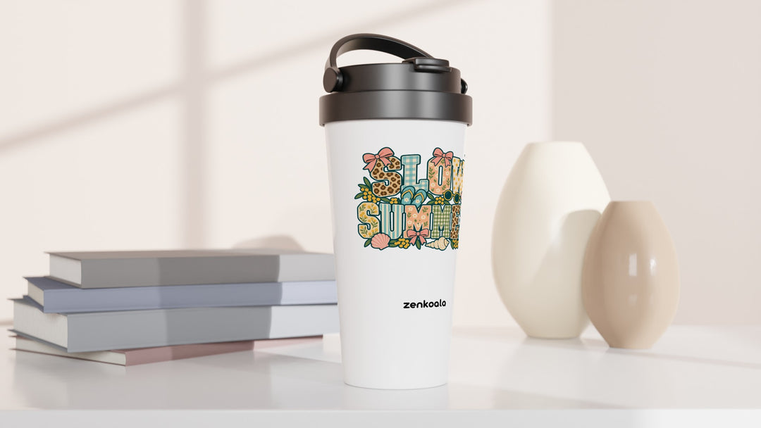 Slow Summer travel mug beside books and vases, Zen Koala Australia