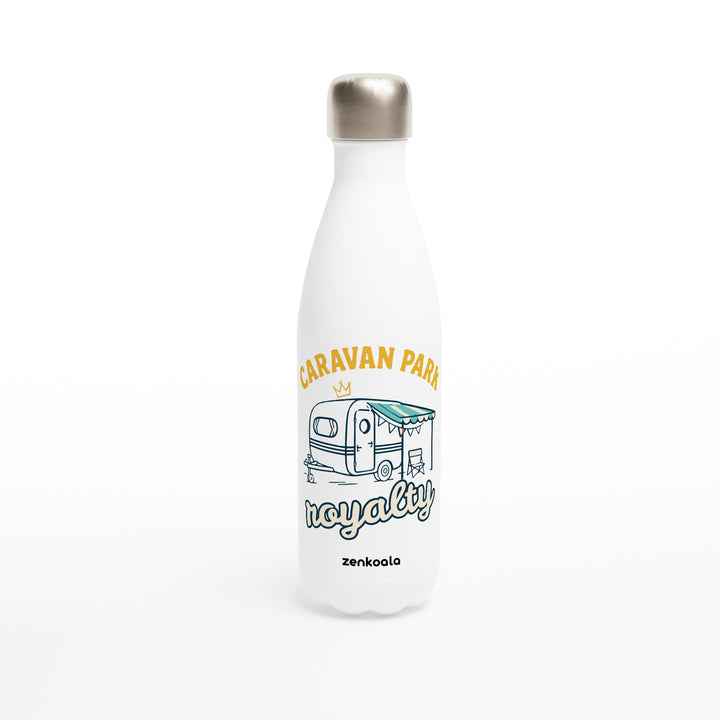 Caravan Park Royalty feel-good water bottle: a retro caravan with bunting and a camp chair, Zen Koala Australia