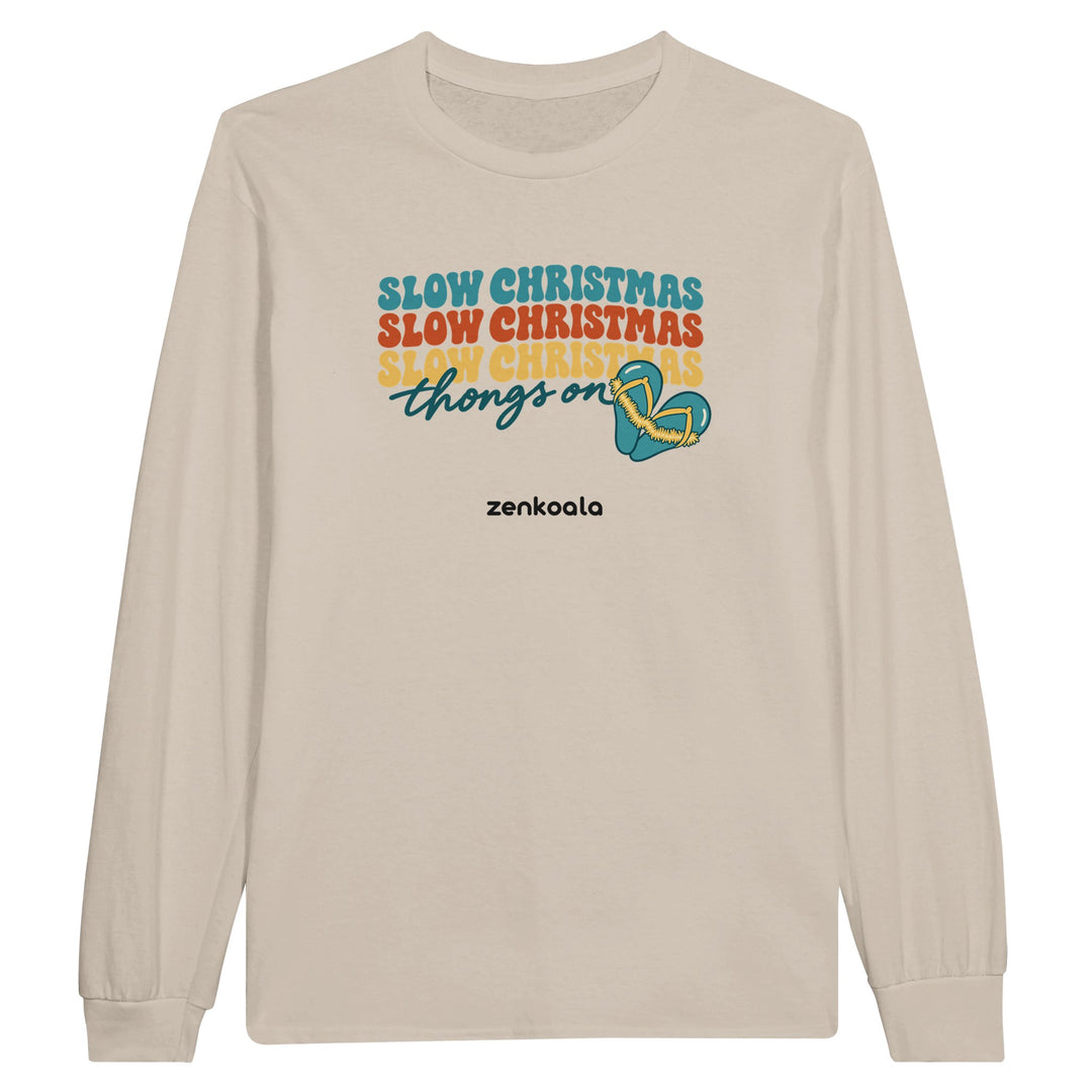 Slow Christmas Thongs On feel-good long sleeve tee in sand, Zen Koala Australia