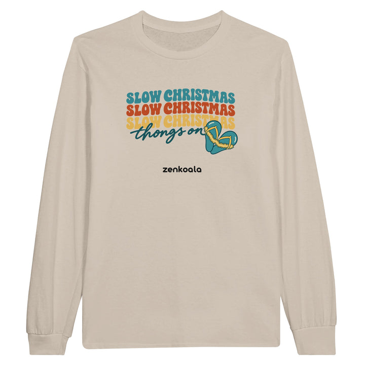 Slow Christmas Thongs On feel-good long sleeve tee in sand, Zen Koala Australia