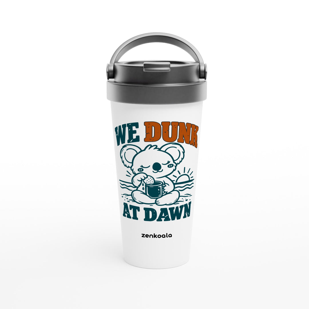 We Dunk at Dawn feel-good travel mug: a koala dunking a biscuit, Zen Koala Australia