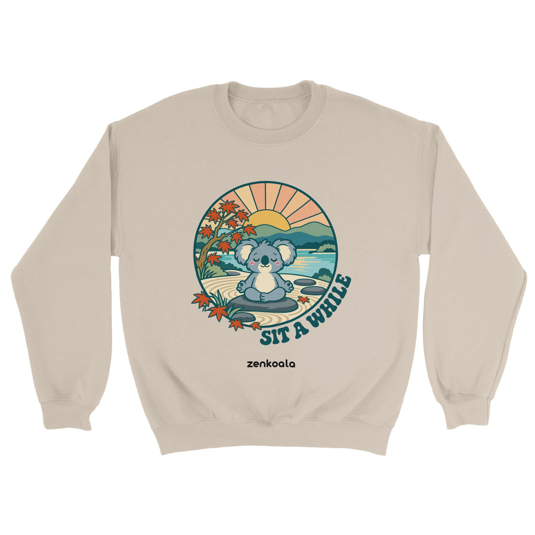 Sit a While feel-good sweatshirt in sand: a koala meditating in a zen garden, Zen Koala Australia
