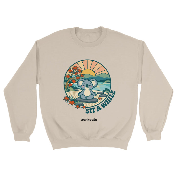 Sit a While feel-good sweatshirt in sand: a koala meditating in a zen garden, Zen Koala Australia