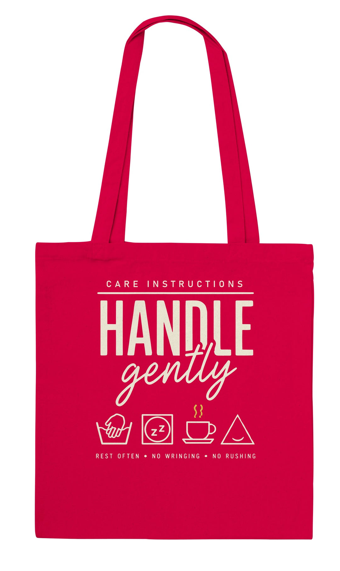 Handle Gently Care Instructions feel-good tote bag in red, Zen Koala Australia