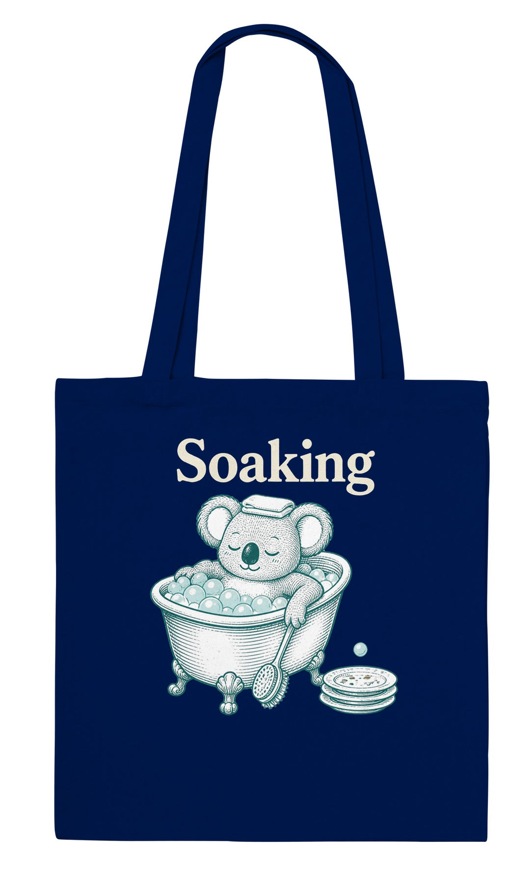 Soaking Koala Bath feel-good tote bag in navy, Zen Koala Australia