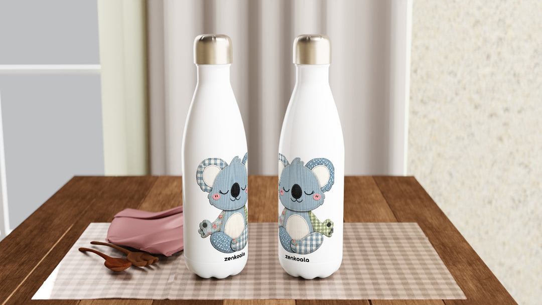 Two Faux Patchwork Meditating Koala water bottles on a table, Zen Koala Australia