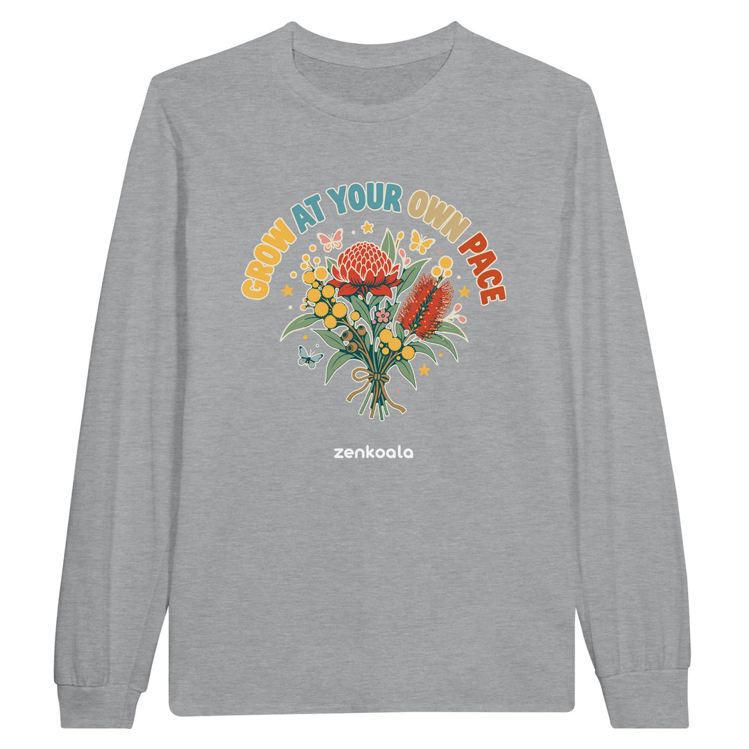 Grow at Your Own Pace feel-good long sleeve tee in sports grey, Zen Koala Australia