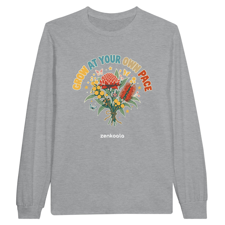 Grow at Your Own Pace feel-good long sleeve tee in sports grey, Zen Koala Australia