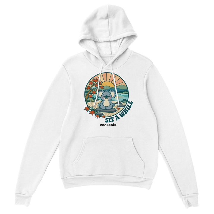 Sit a While feel-good hoodie in white, Zen Koala Australia