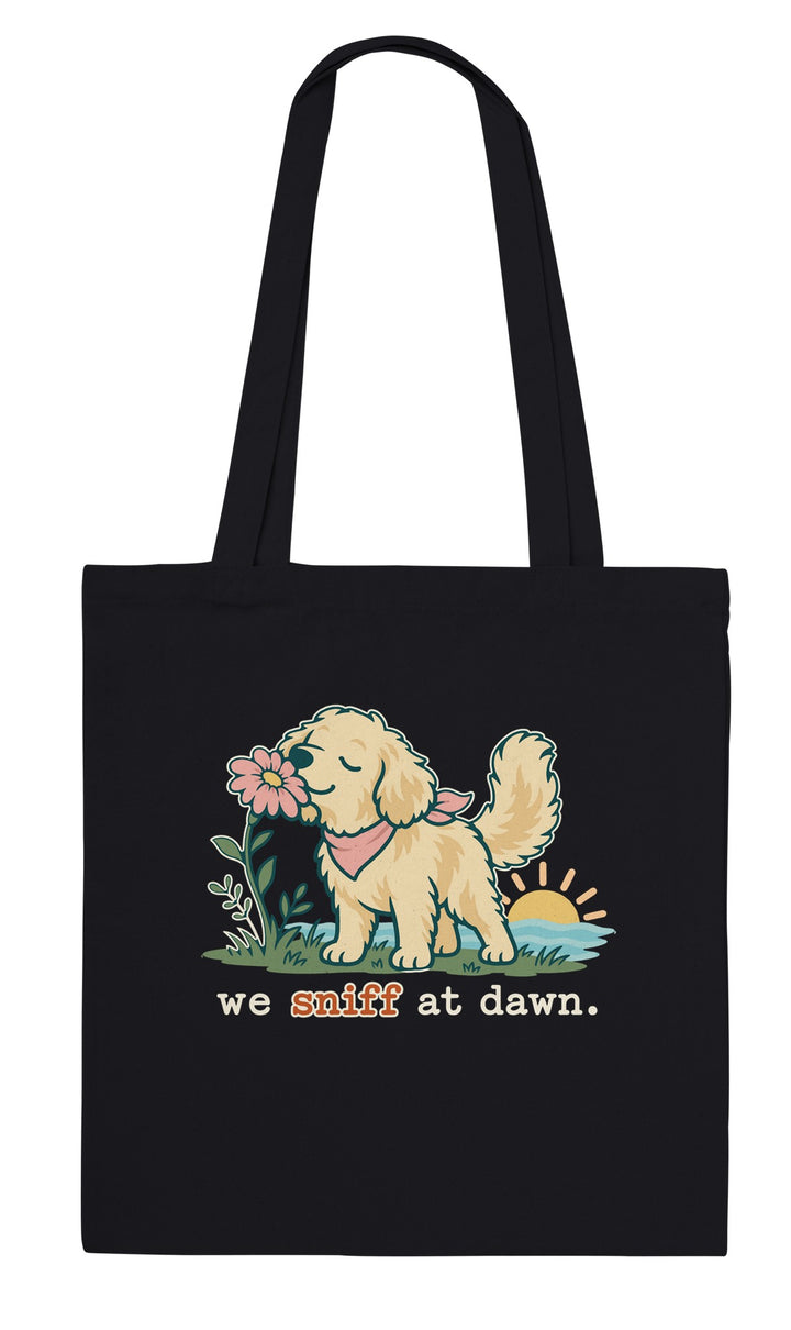 We Sniff at Dawn feel-good tote bag in black, Zen Koala Australia
