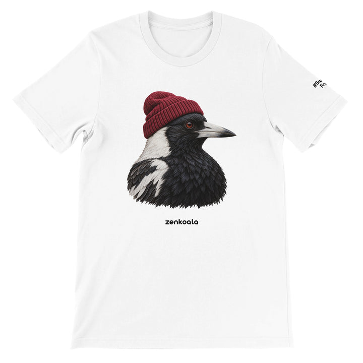 Magpie Beanie feel-good tee in white, Zen Koala Australia
