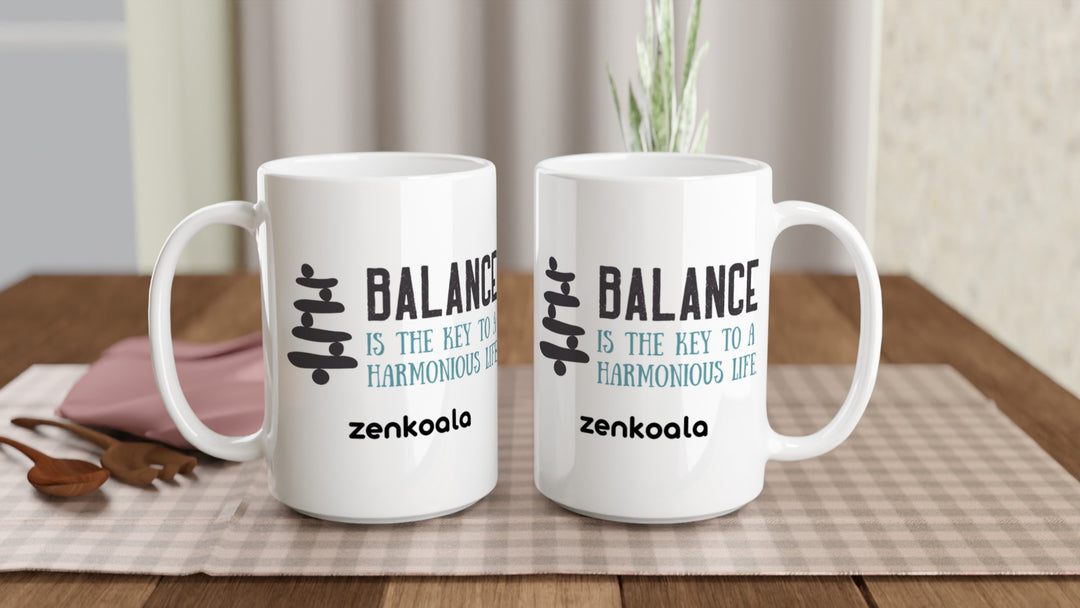 Two Balance 15oz mugs on a table, showing both sides of the design, Zen Koala Australia