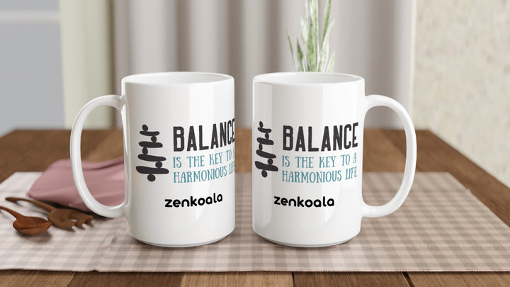 Two Balance 15oz mugs on a table, showing both sides of the design, Zen Koala Australia