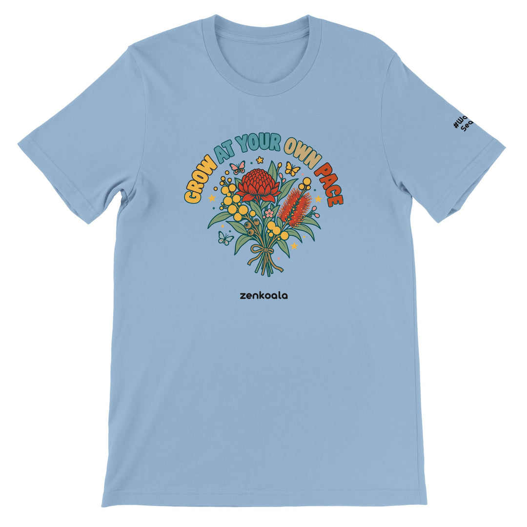 Grow at Your Own Pace feel-good tee in light blue, Zen Koala Australia