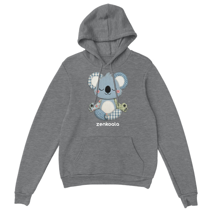 Faux Patchwork Meditating Koala feel-good hoodie in Sport Grey — a cosy patchwork-look koala in gingham, polka dots and florals, Zen Koala Australia