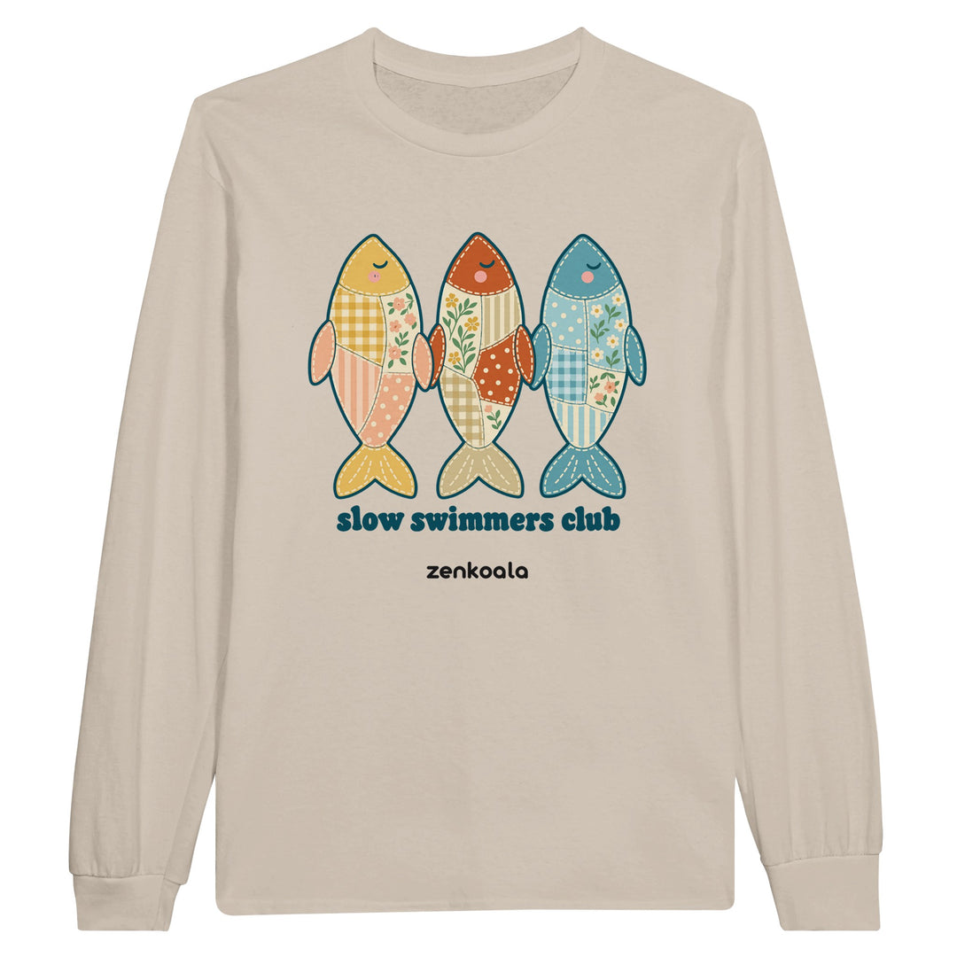 Slow Swimmers Club feel-good long sleeve tee in sand, Zen Koala Australia