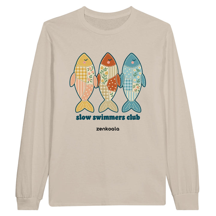 Slow Swimmers Club feel-good long sleeve tee in sand, Zen Koala Australia
