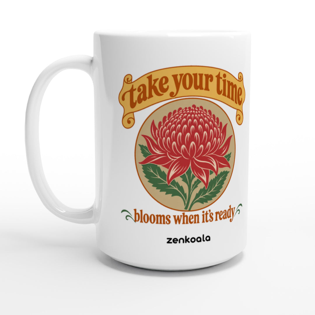 Take Your Time feel-good 15oz mug: a waratah in bloom, Zen Koala Australia