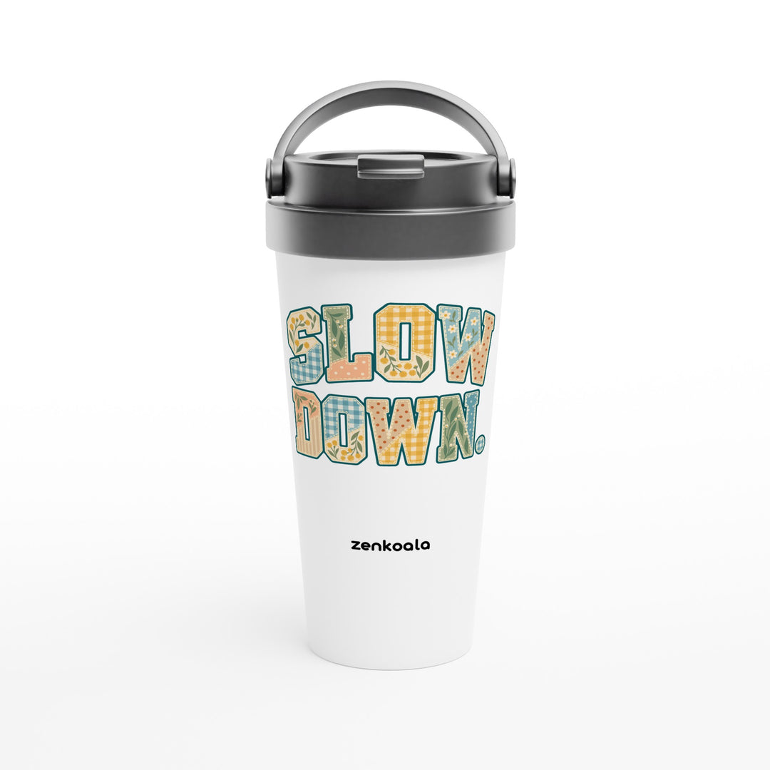 Slow Down Faux Patchwork feel-good travel mug: faux patchwork letters in Aussie florals, Zen Koala Australia