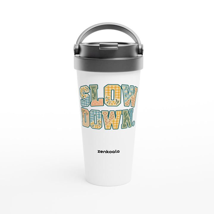 Slow Down Faux Patchwork feel-good travel mug: faux patchwork letters in Aussie florals, Zen Koala Australia