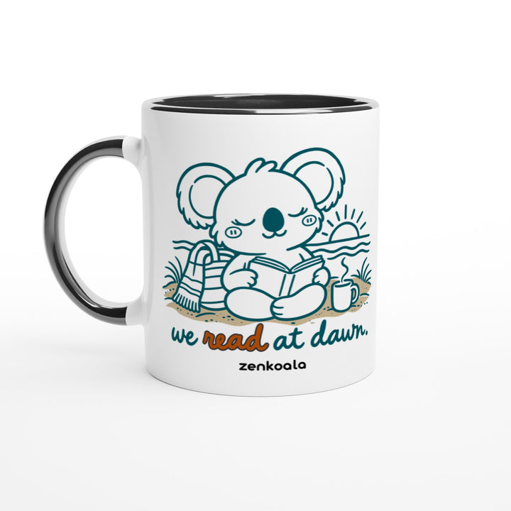 We Read at Dawn mug in black: white with a black rim, inside and handle, Zen Koala Australia