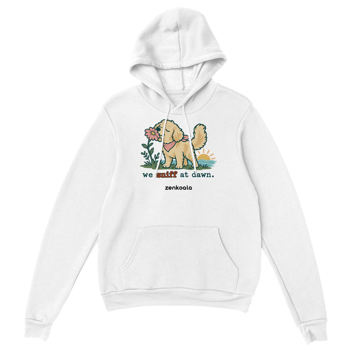 We Sniff at Dawn feel-good hoodie in white: a golden retriever sniffing a flower, Zen Koala Australia