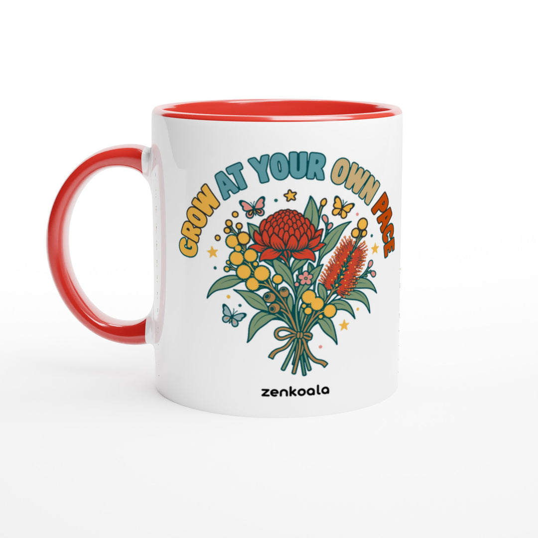 Grow at Your Own Pace mug in red: white with a red rim, inside and handle, Zen Koala Australia