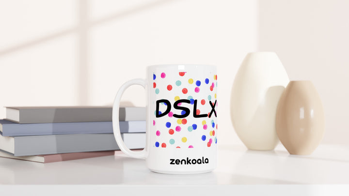 Dyslexia is my SuperPower 15oz mug beside books and vases, Zen Koala Australia