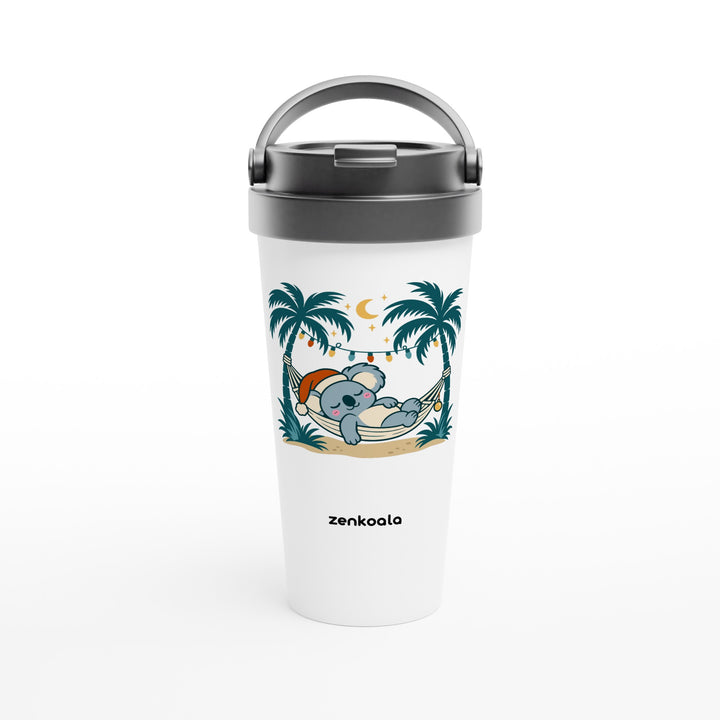 Koala Santa Hammock feel-good travel mug: a koala in a Santa hat dozing in a hammock, Zen Koala Australia